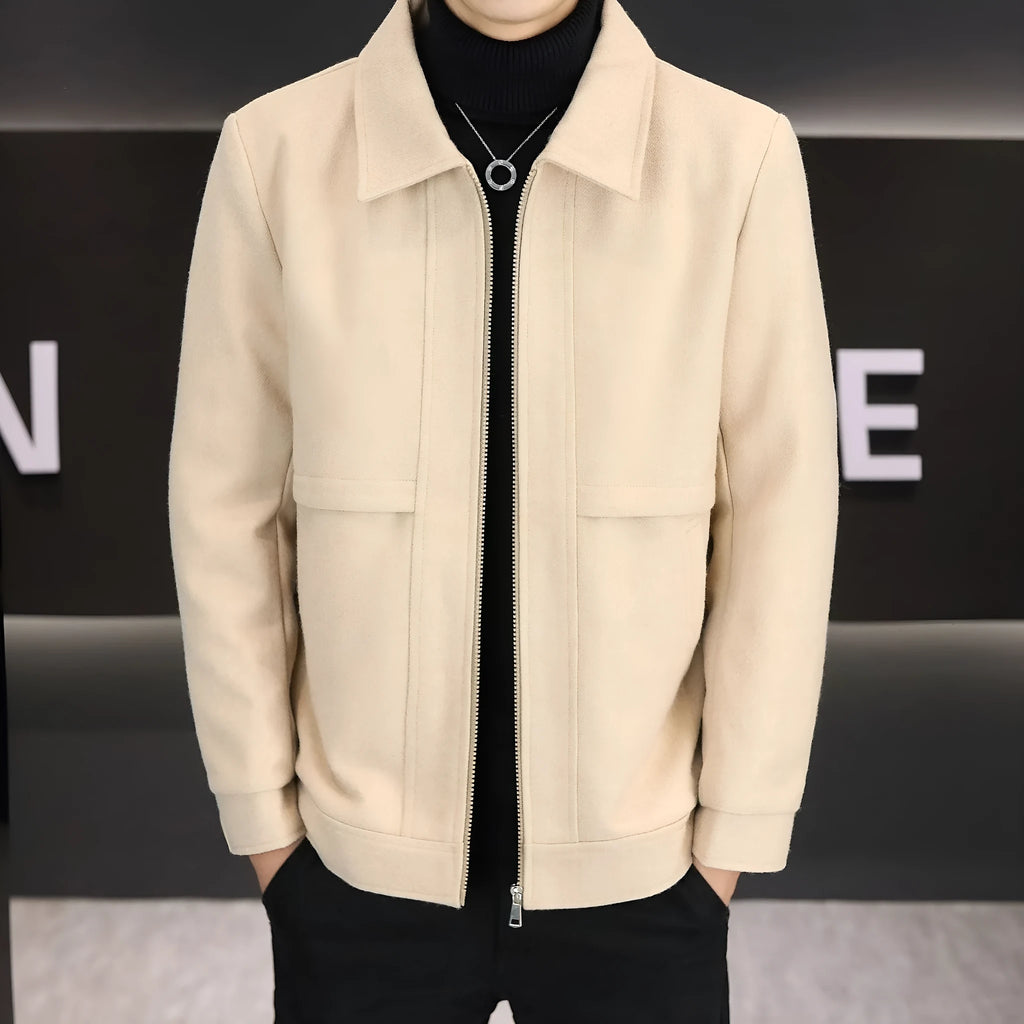 Casual men's polo collar jacket in lightweight cotton blend fabric, shown in khaki and grey colours with side seam pockets