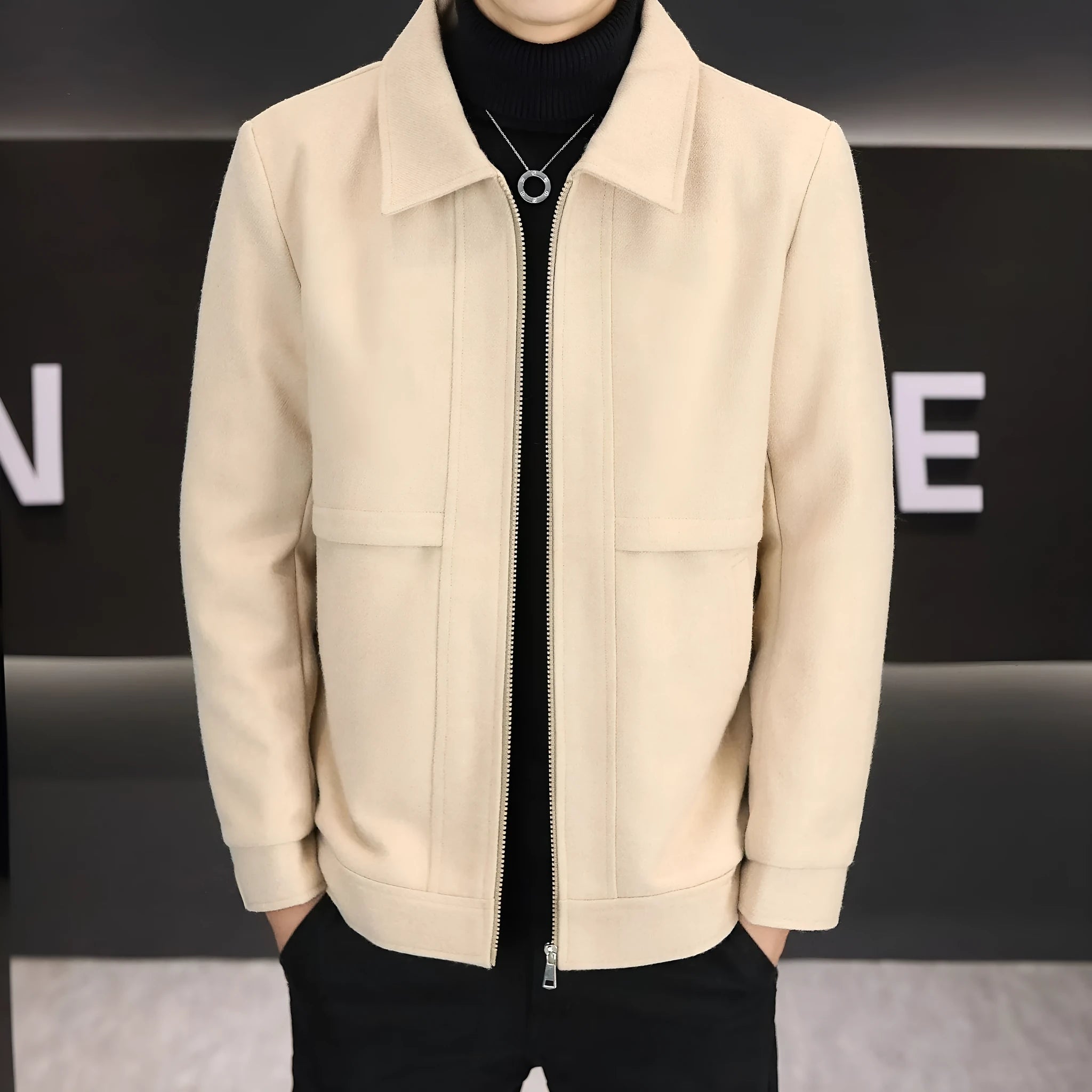 Casual men's polo collar jacket in lightweight cotton blend fabric, shown in khaki and grey colours with side seam pockets