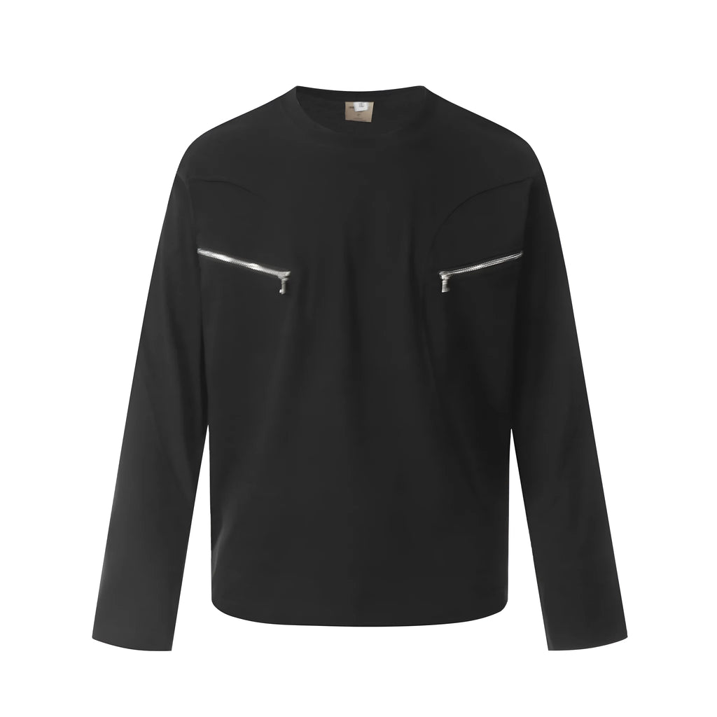 Men's black loose fit long sleeve cotton pullover top showing front view