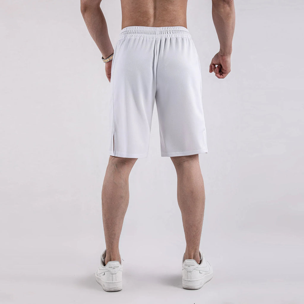 Men's black quick-dry mesh fitness shorts with elastic waistband and loose fit