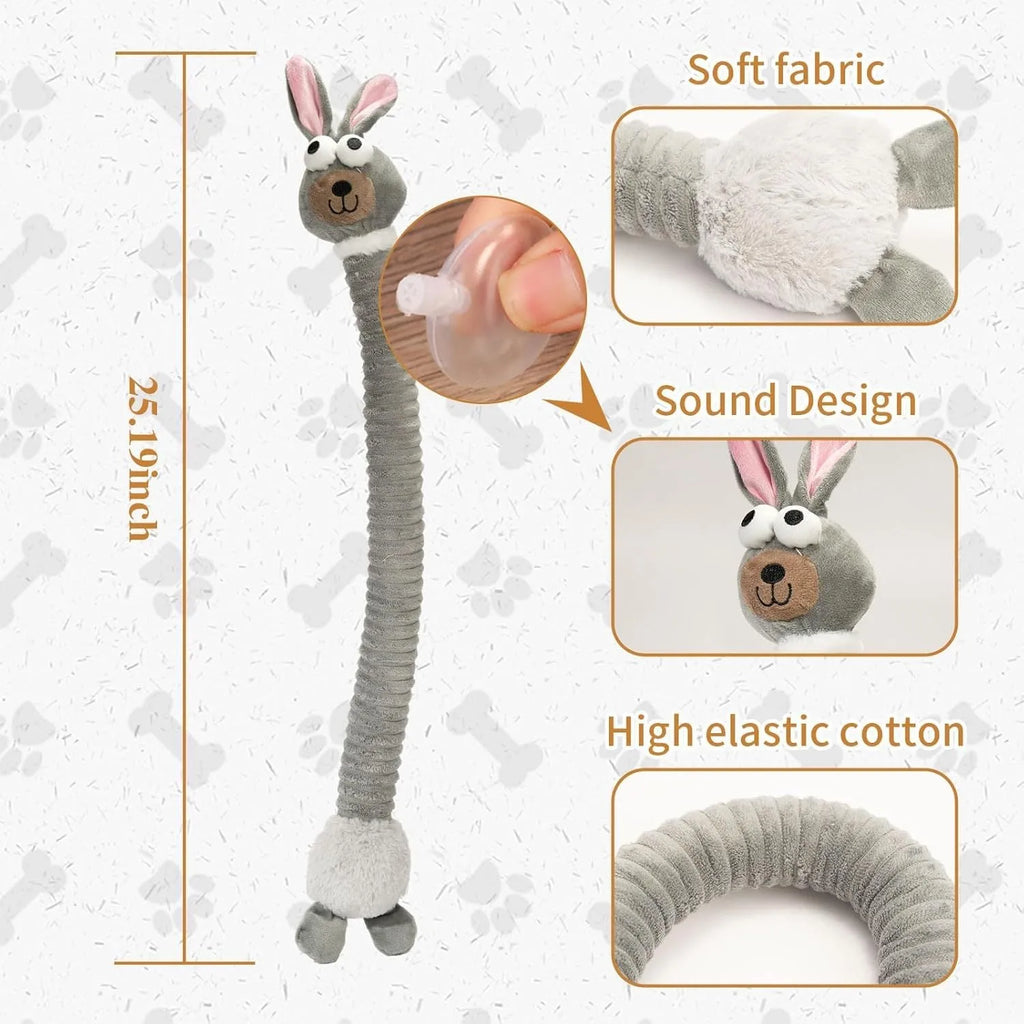 Brown, grey, and yellow plush dog toys with squeakers and crinkle paper inside.