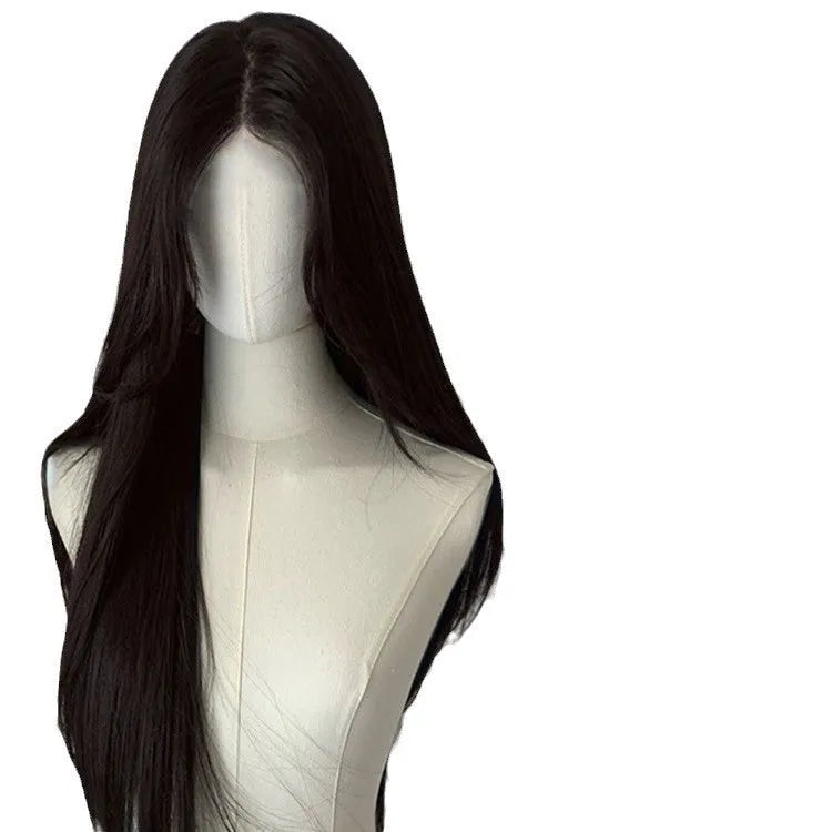 Long straight synthetic wig with forehead lace front and side bangs in dark brown colour.