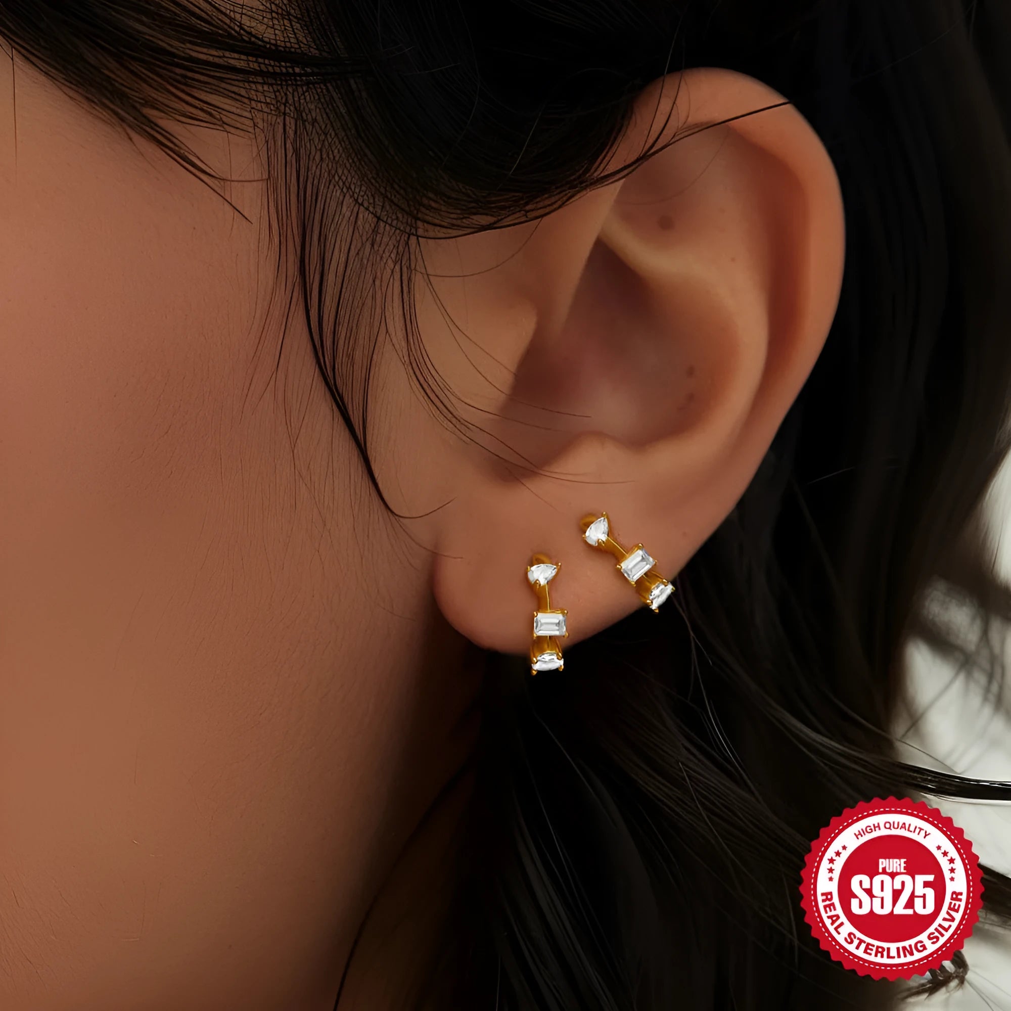 Small round geometric S925 sterling silver stud earrings with gold or silver electroplated finish