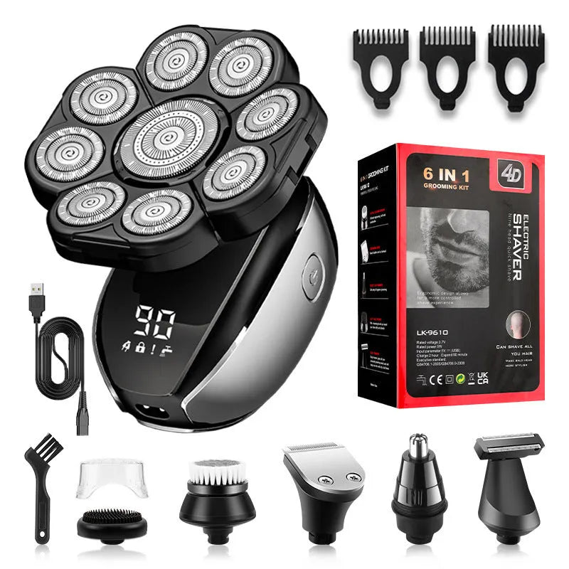 Black 6-in-1 rechargeable hair clippers shaver kit with multiple attachments on USB charging cable