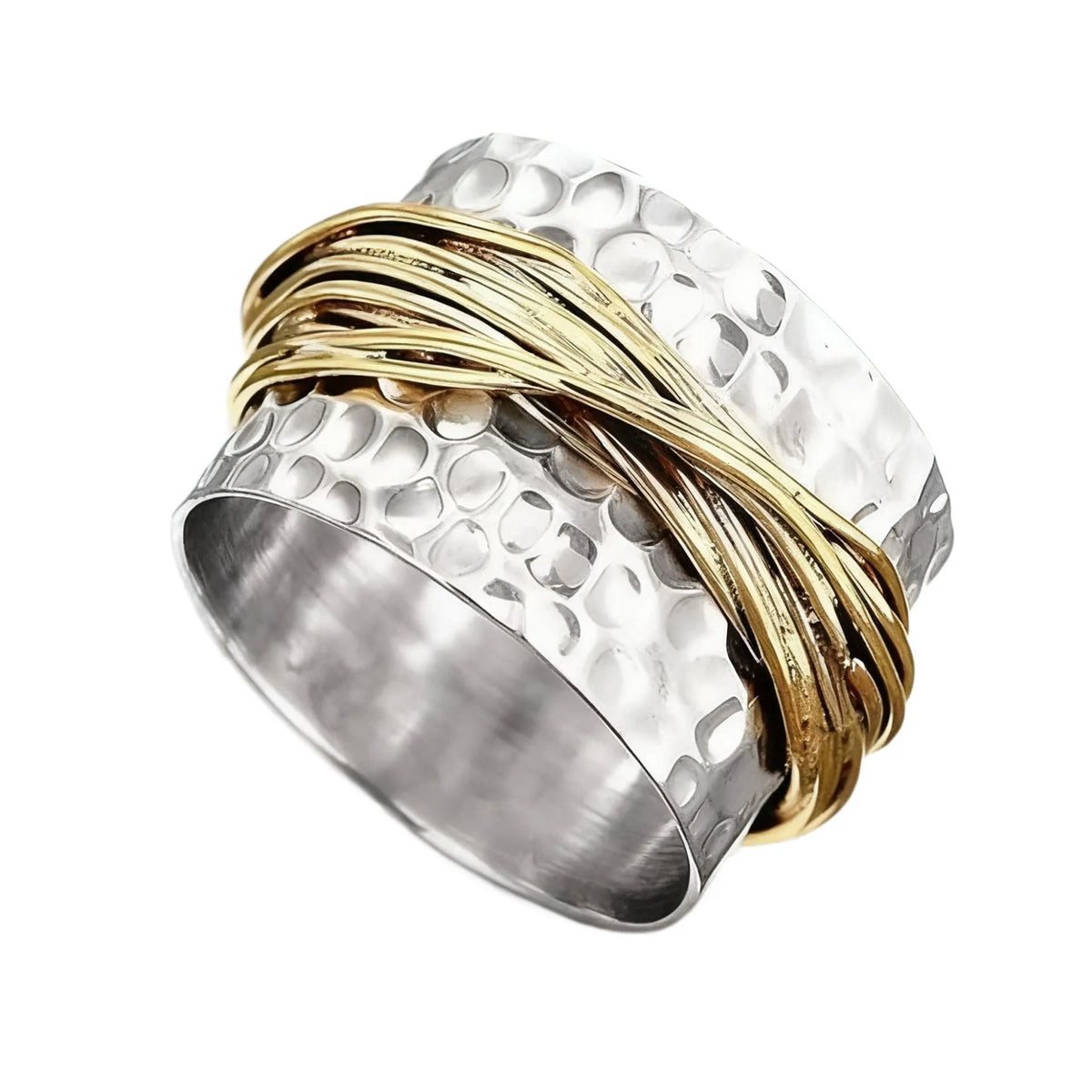 Two-tone hammered metal coil ring in alloy, sizes 6 to 10, electroplated finish