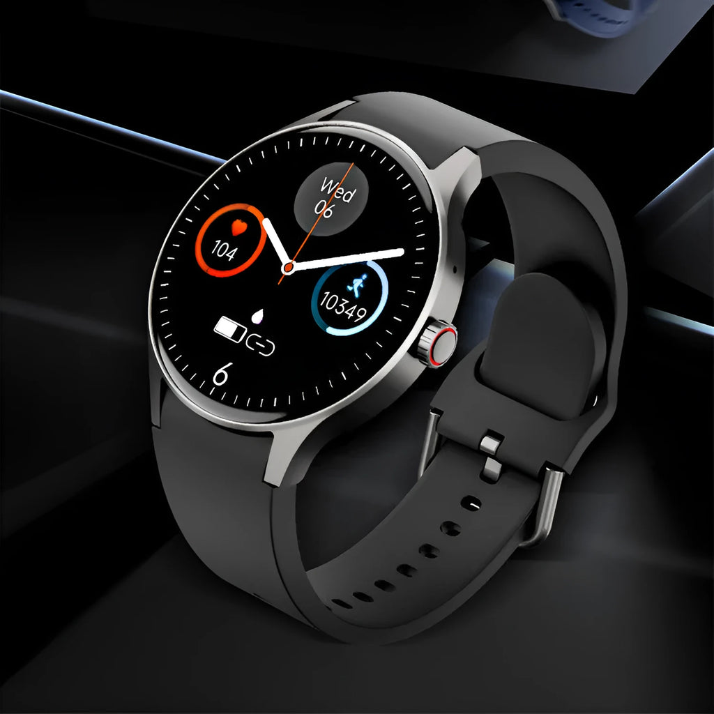 Black smart sport watch with 46mm case and 1.43-inch round touchscreen on wrist