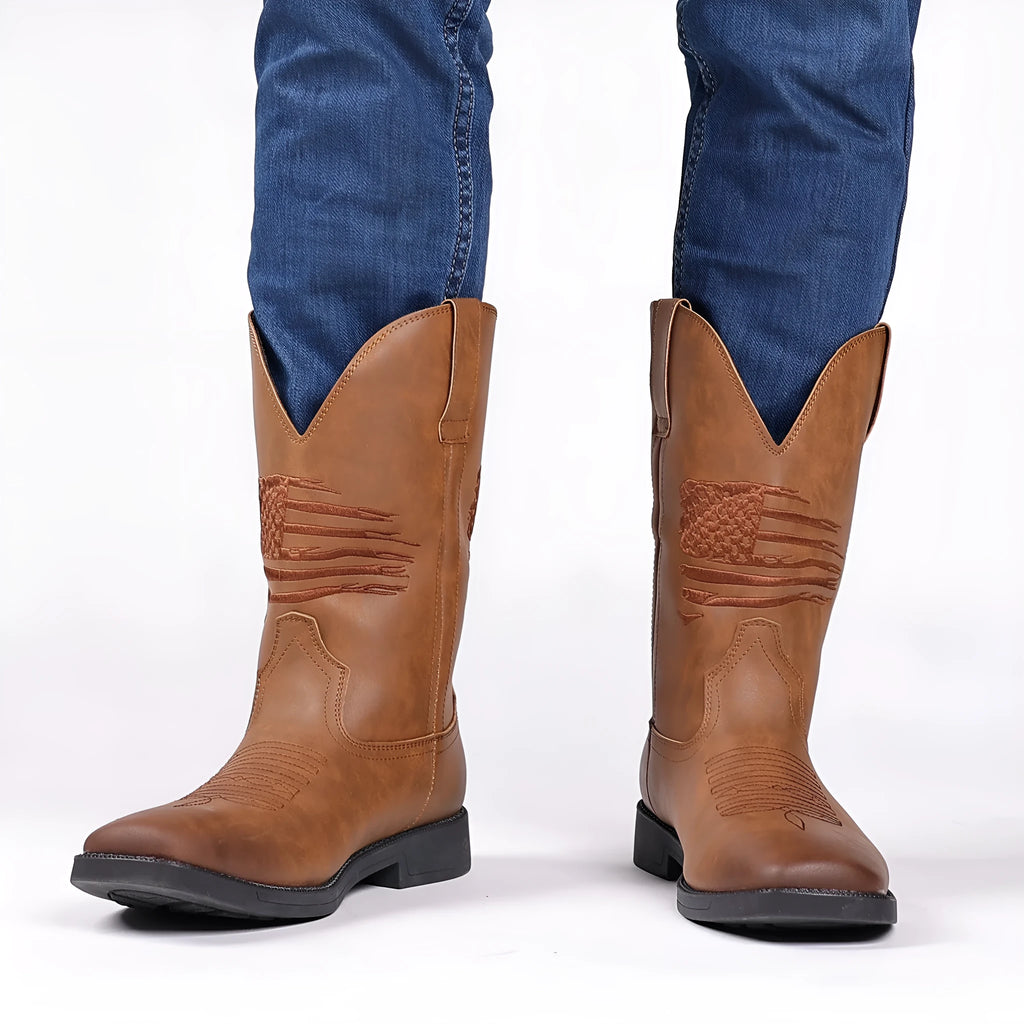 Brown retro wide head cowboy boot with decorative stitching and a square toe