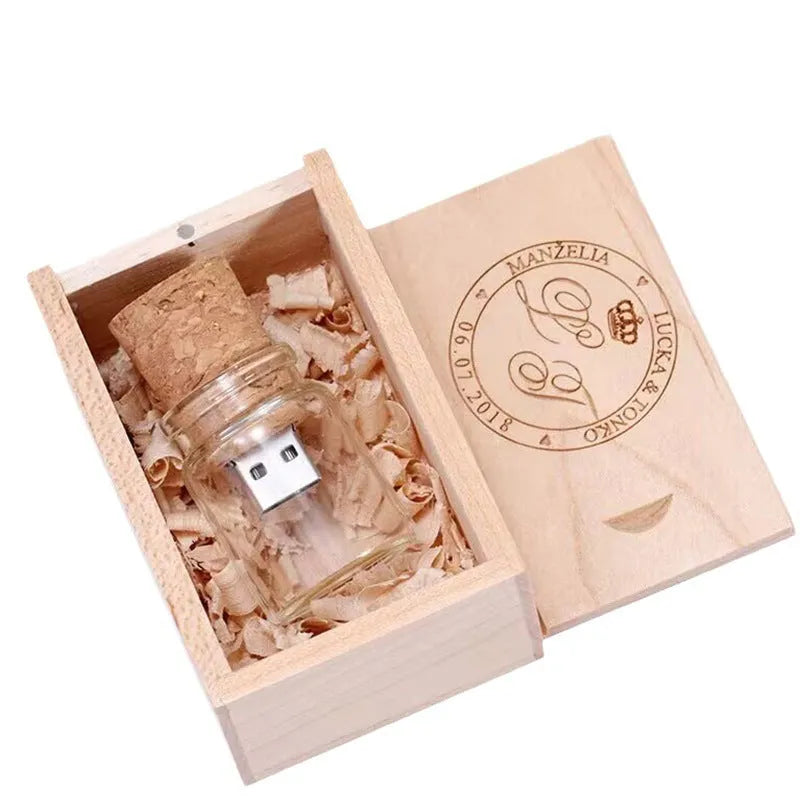 Transparent wooden drift bottle design USB flash drive showing internal components