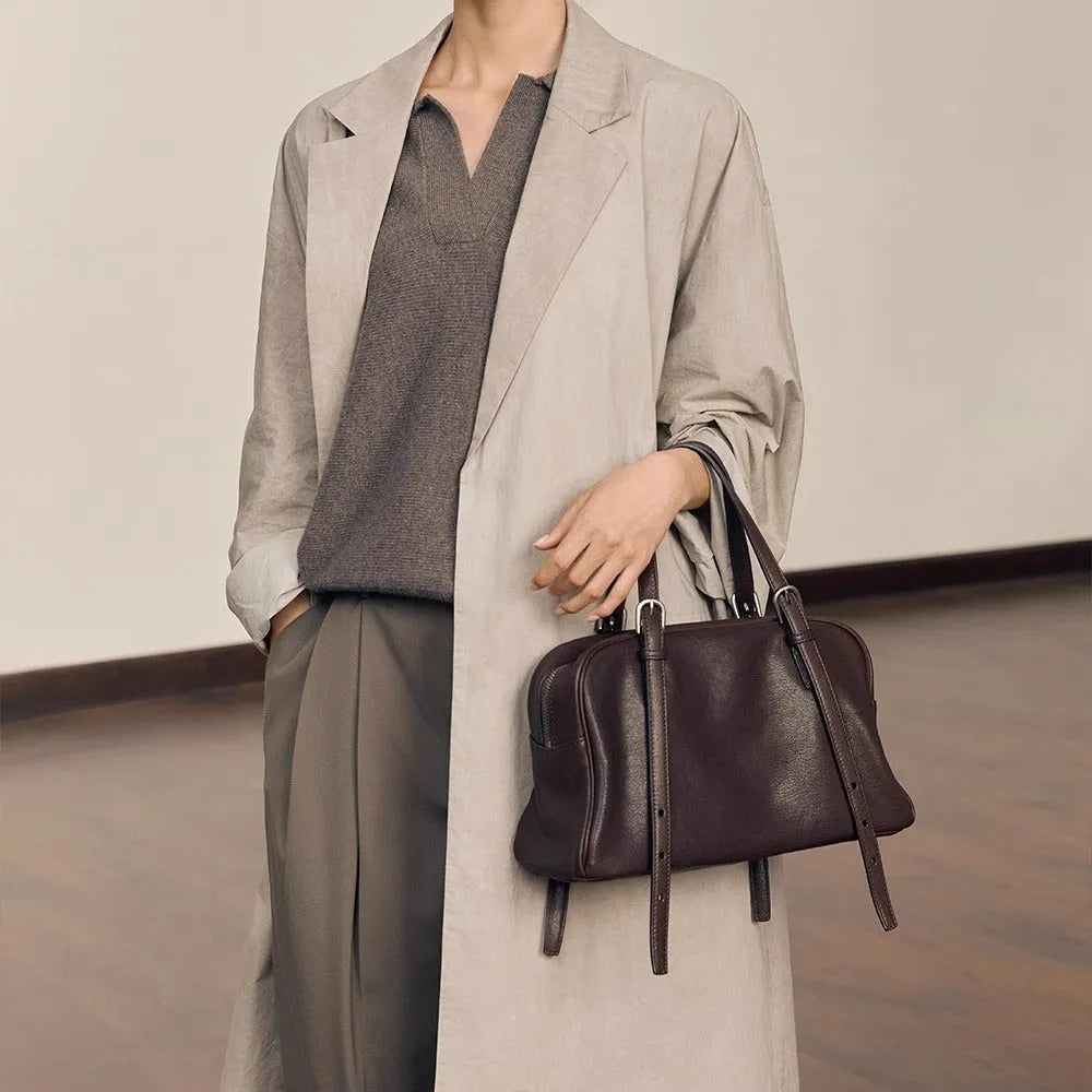 Women's retro genuine leather shoulder bag in horizontal square design with dual straps