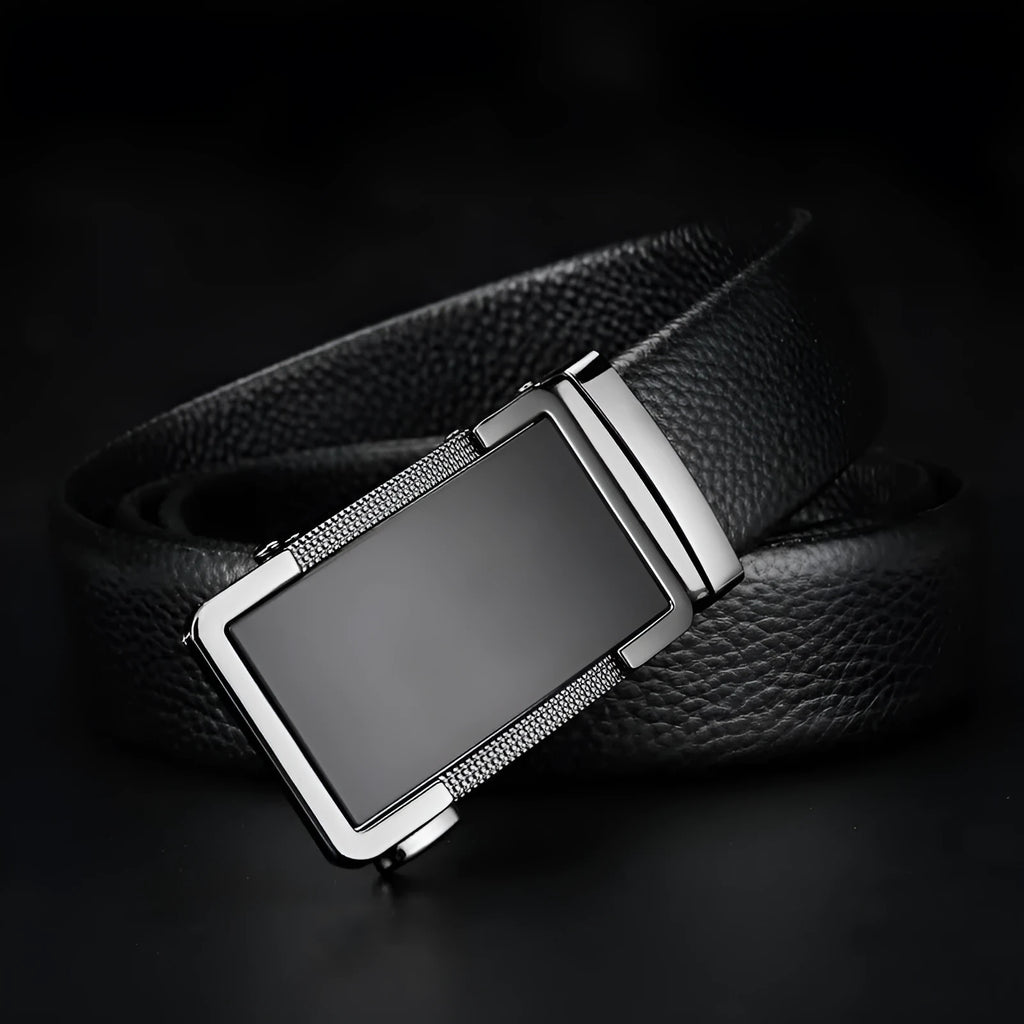 Men's leather automatic buckle belt in gun black, silver, and gold colours.