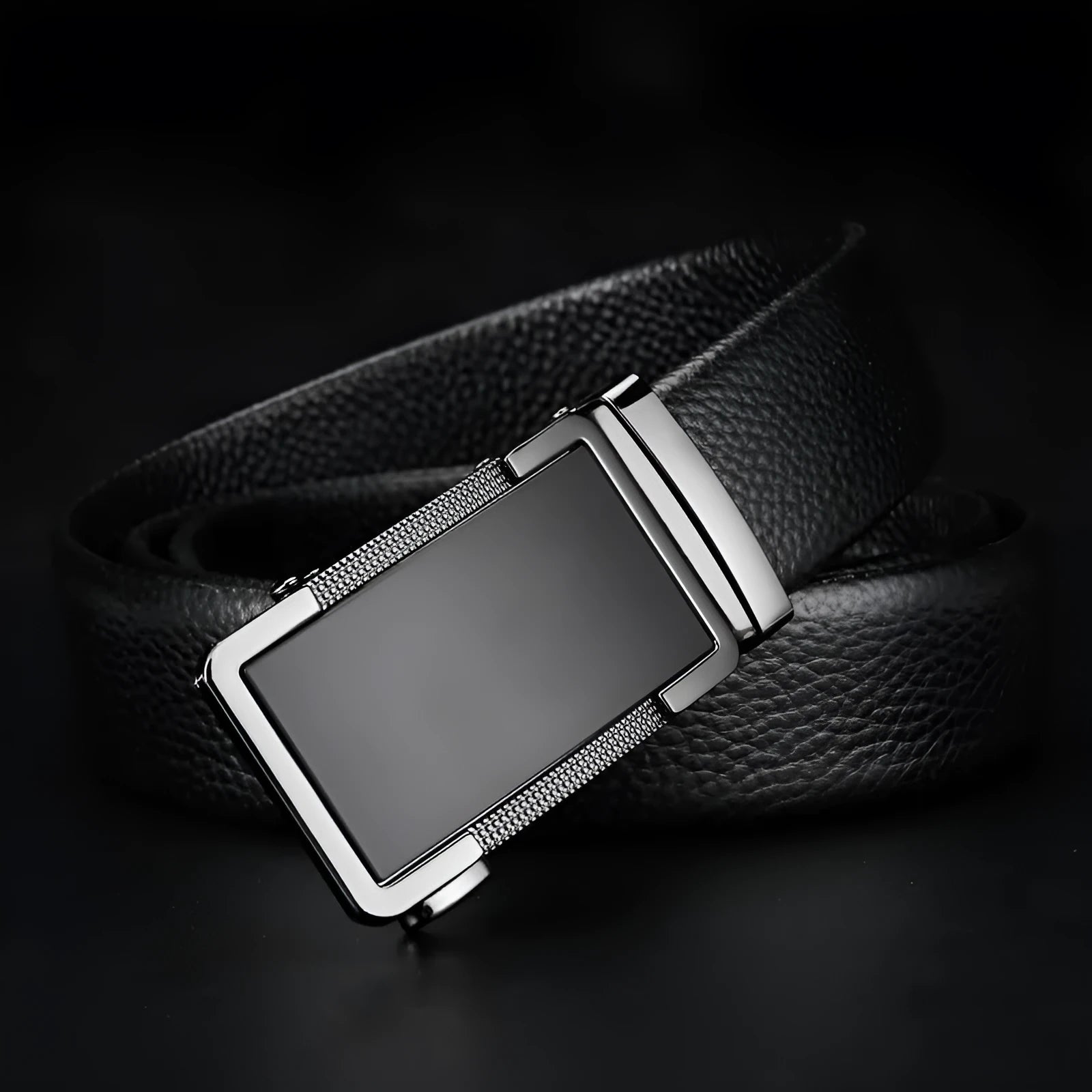 Men's leather automatic buckle belt in gun black, silver, and gold colours.