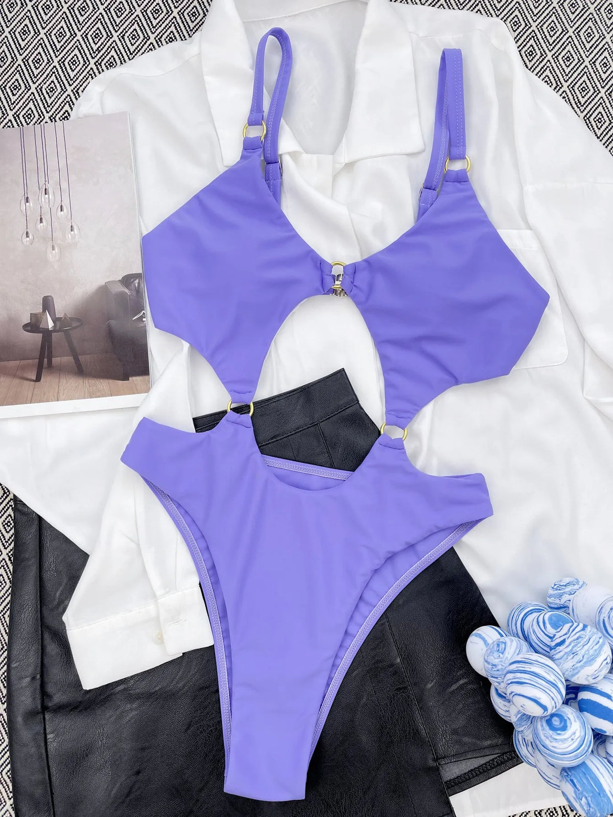 Purple one piece swimsuit for women in nylon, sizes S M L, solid colour swimwear