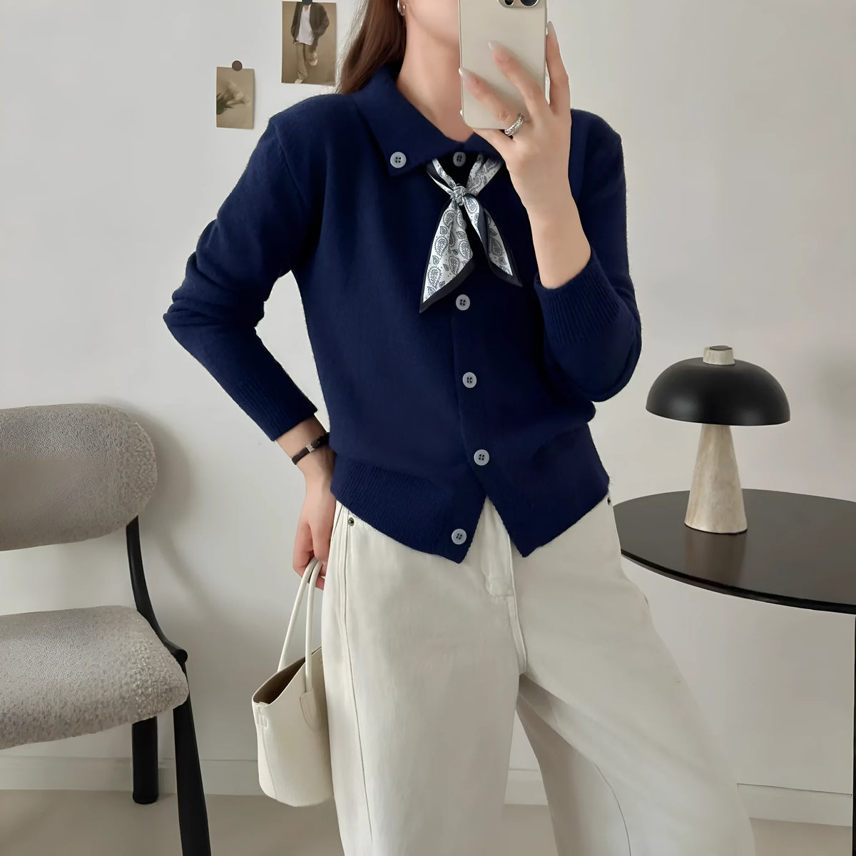 Beige lapel scarf sweater cardigan with contrasting scarf collar and long sleeves