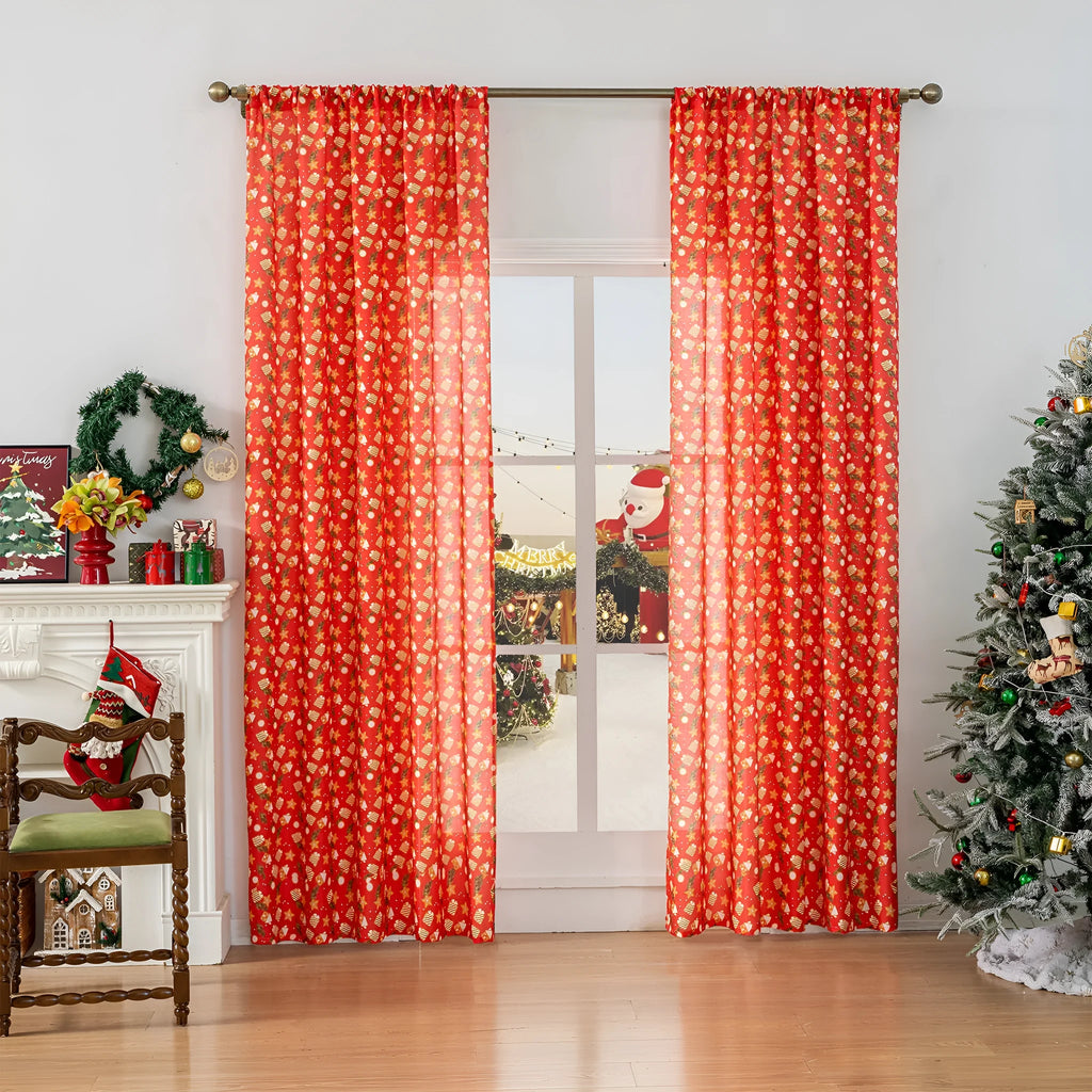 Christmas snowman angel print curtain panel in red colour with cartoon anime figures