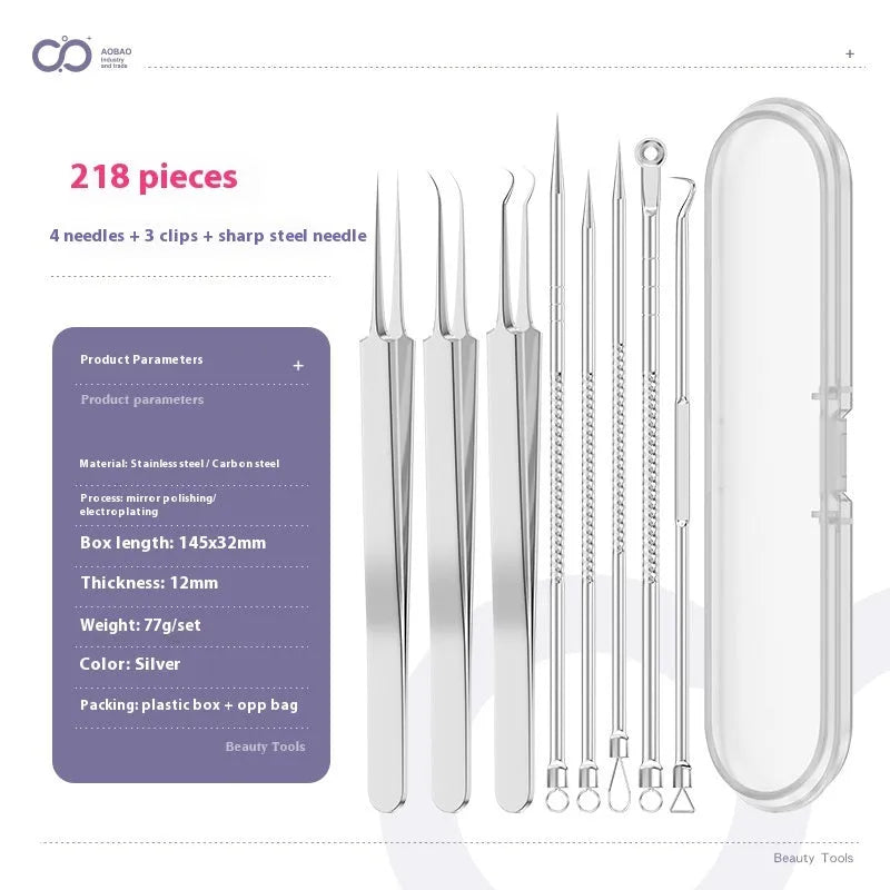 Four silver metal acne needles and a handling clip laid out on a clean surface.