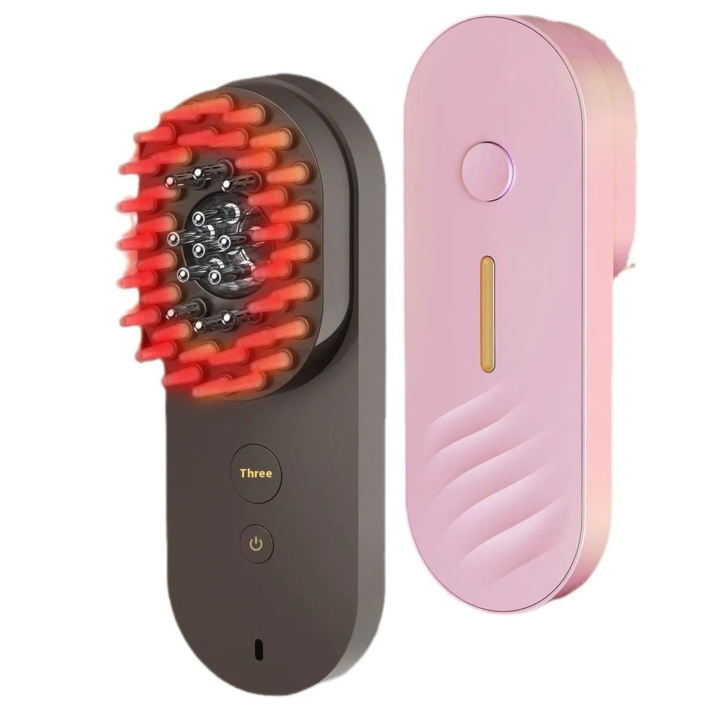 Pink and black smart massage comb for scalp care with red light therapy.