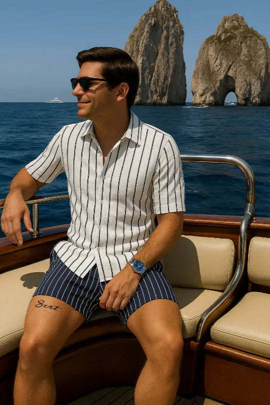 Men's light mature casual beach shirt and shorts set in four-sided elastic fabric