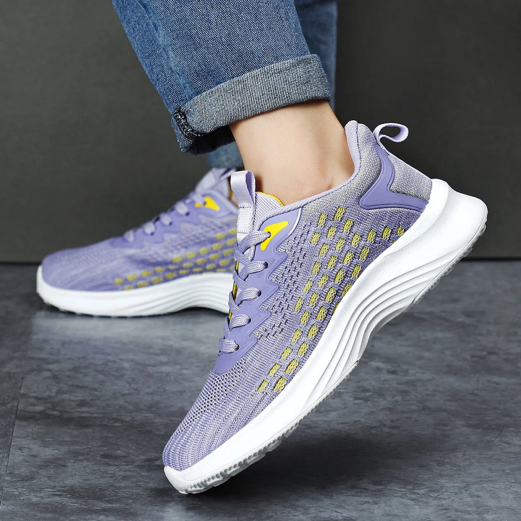 Women's lavender purple and royal blue flyknit running shoes with striped pattern and mesh lining in plus sizes