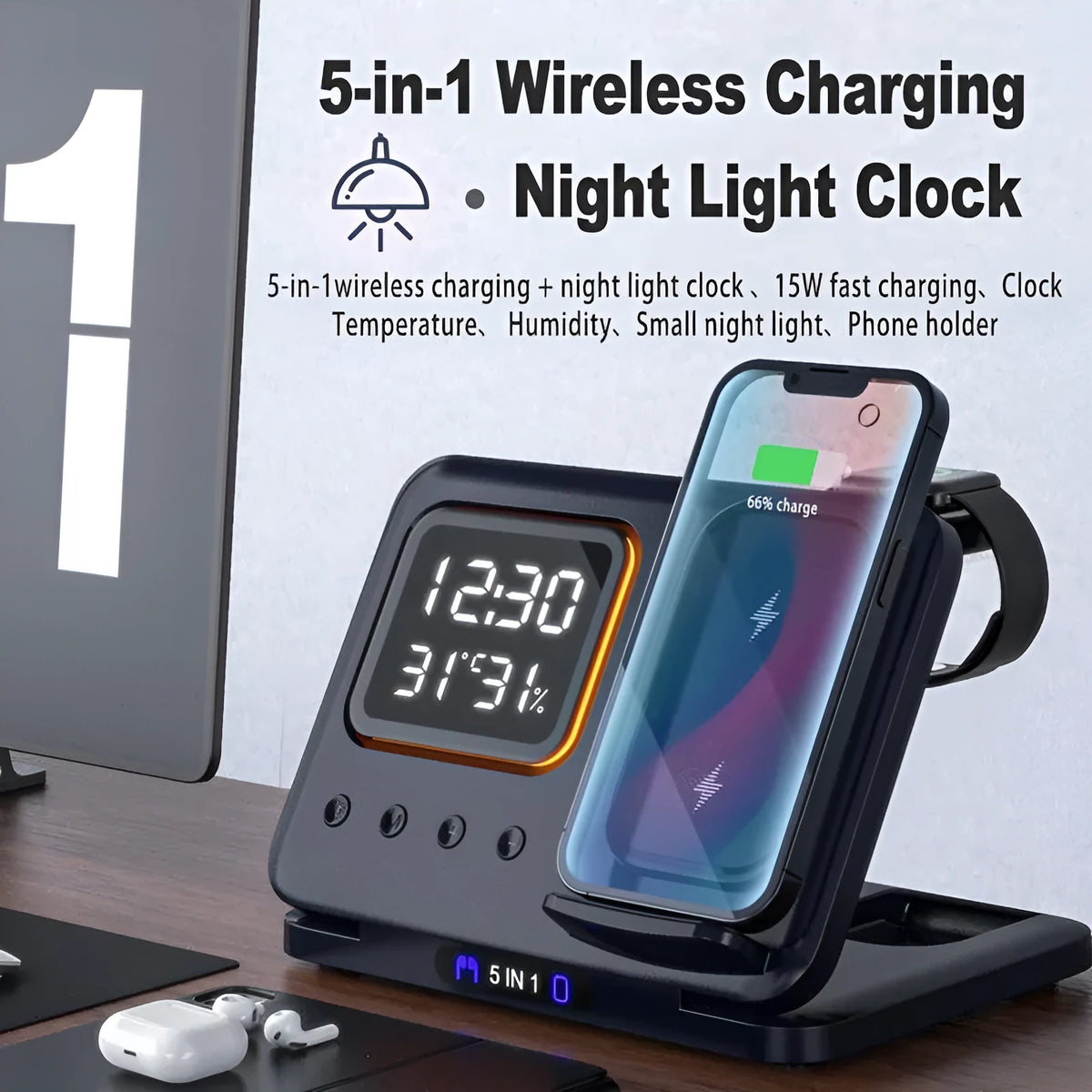 Black wireless charging station with digital clock displaying time and temperature charging phone and watch