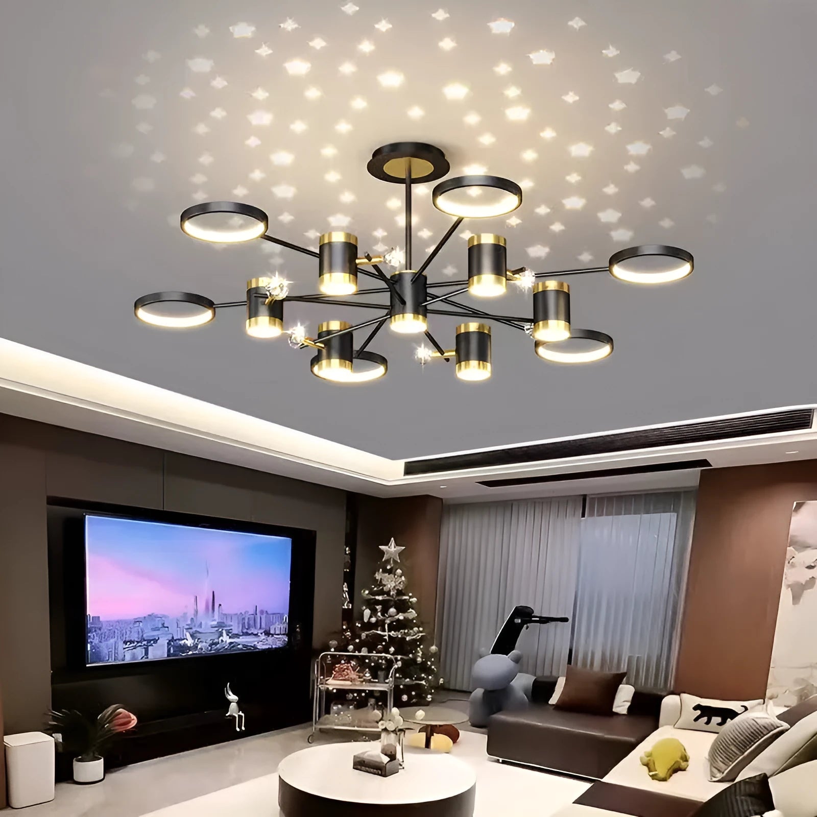Black iron star-shaped pendant chandelier with thirteen lights and remote control