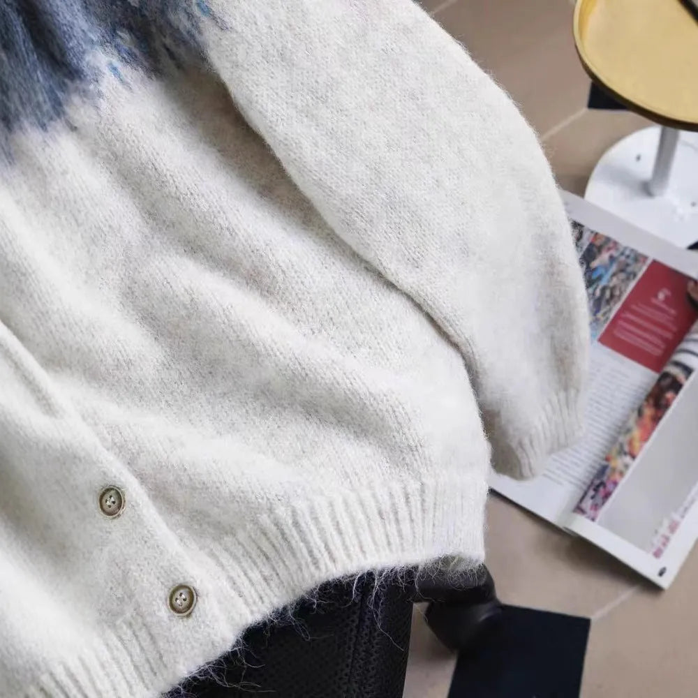 Women's loose fit jacquard sweater coat with contrast colour panels in beige, brown, or navy.