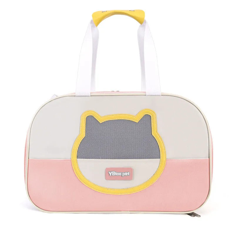 Blue foldable cat backpack made from Oxford cloth, shown with ventilation and shoulder straps.