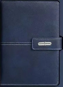 A5 notebook with a PU leather cover, open to show wood-free paper pages.