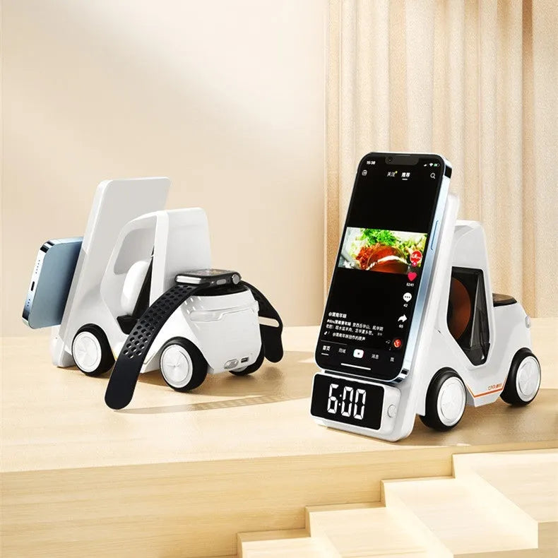 Grey 15W wireless fast charging phone stand bracket on a wooden desk.
