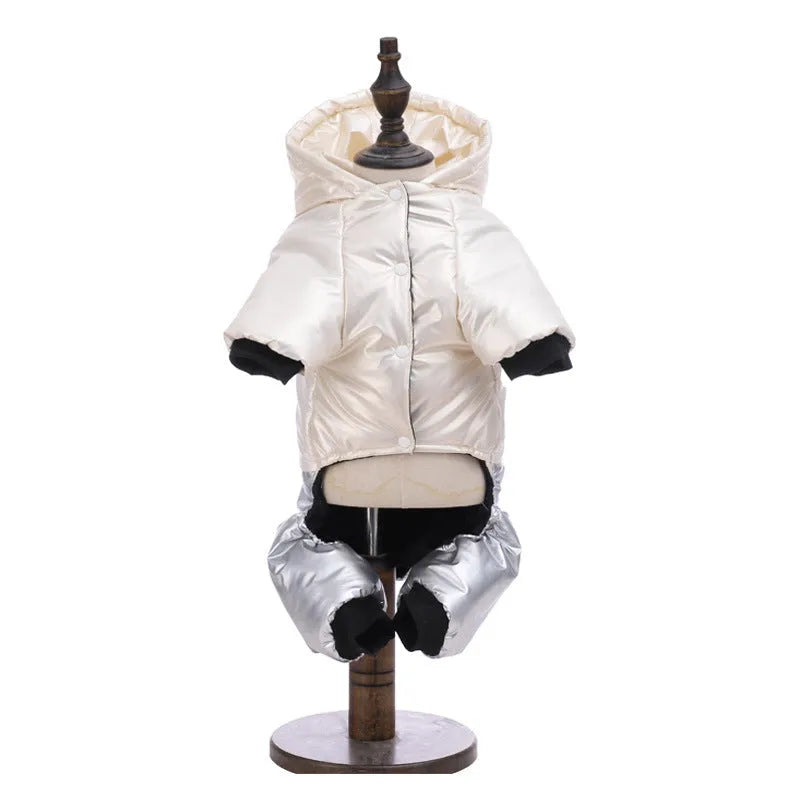 Green waterproof four-legged cotton-padded dog coat on canine model showing full leg coverage