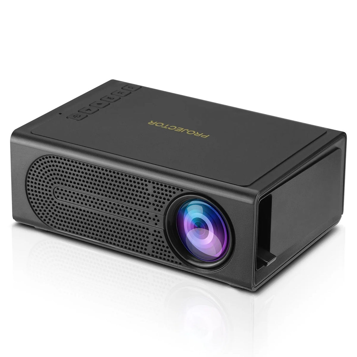 Black and white portable mini projector with wired connection for mobile phone screen mirroring.