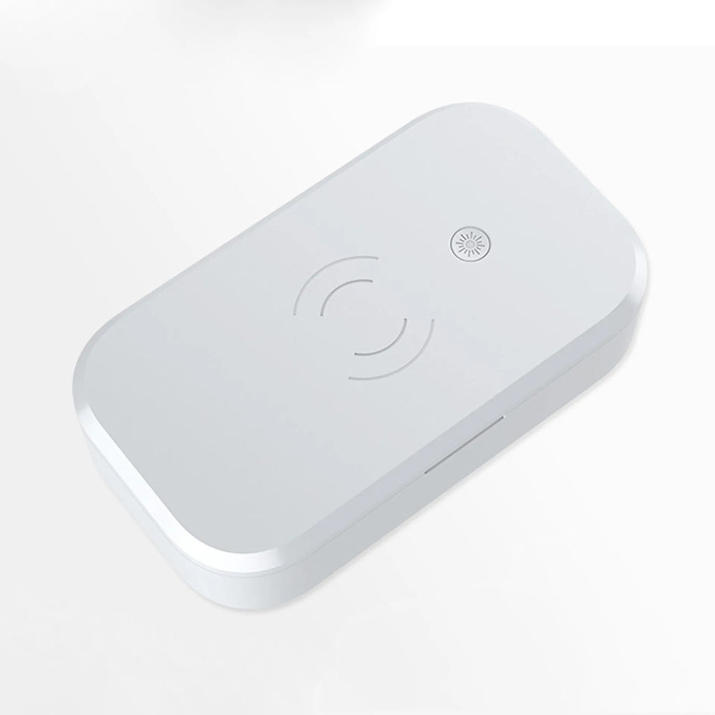 Ultraviolet disinfection box for nail art tools with wireless phone charging capability in white colour