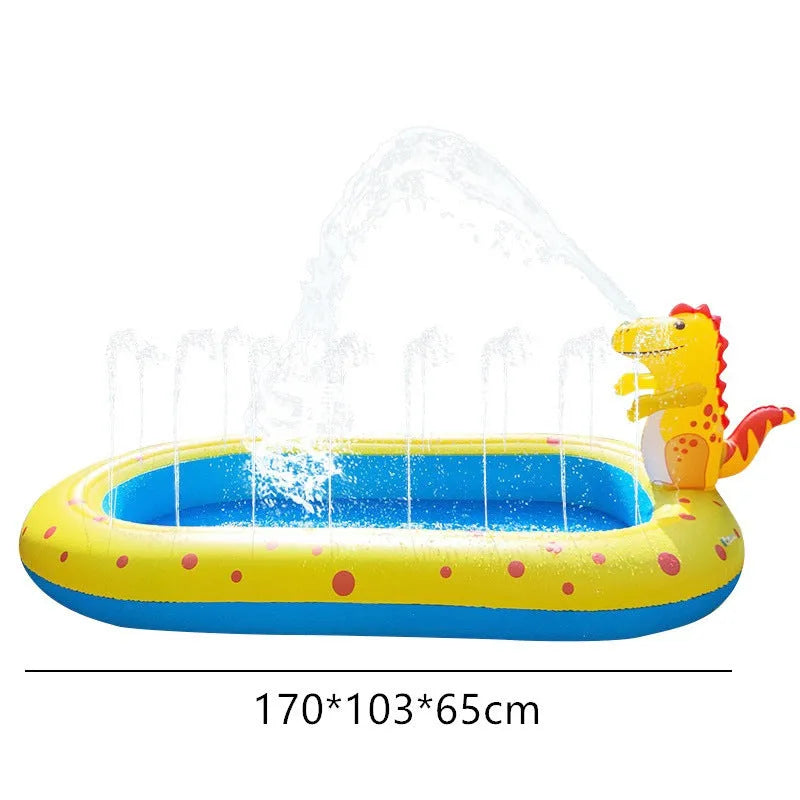 Blue inflatable dinosaur-shaped water pool with shark sprinkler toy for kids