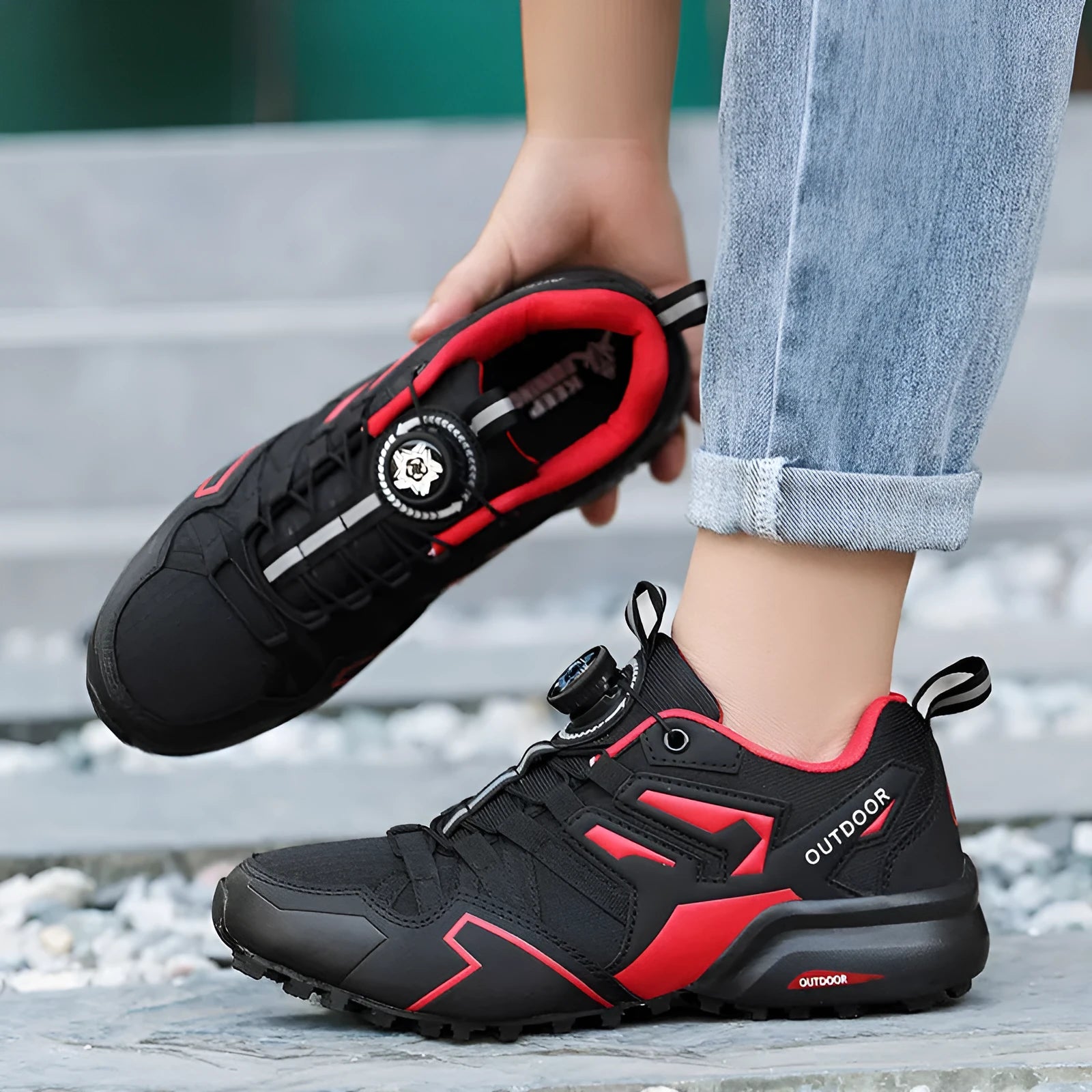 Men's lightweight hiking shoes with elastic band closure and synthetic leather upper in beige, black, and black red colour options.