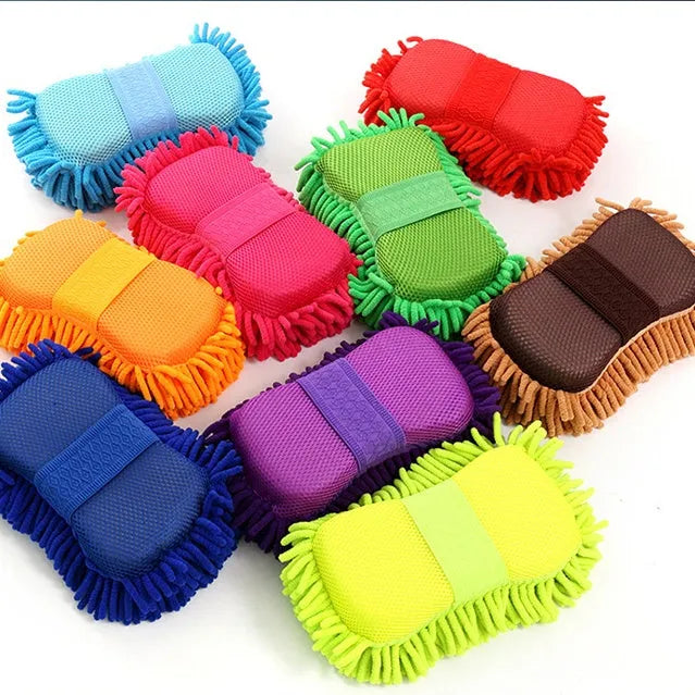Silver green rectangular car wash sponge with chenille microfiber texture for automotive cleaning