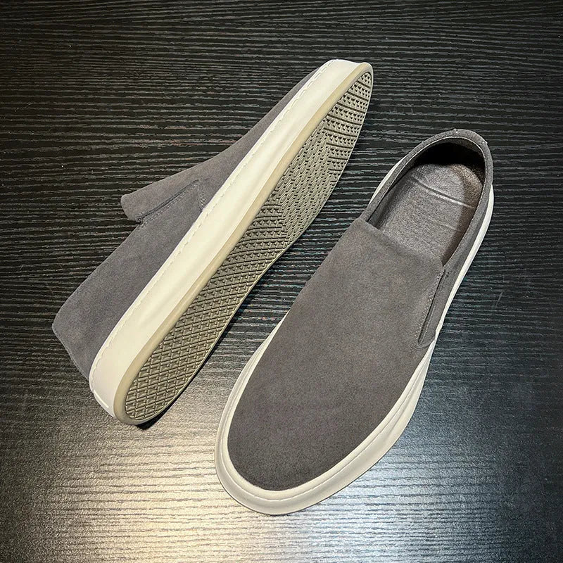 Men's gray and apricot casual shoes with round toe, PU upper, and sleeve design.