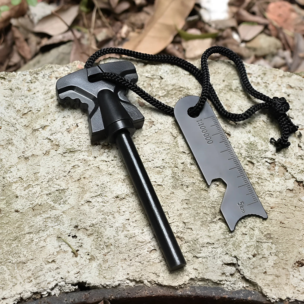 Stainless steel butterfly-shaped point firestone survival tool with bottle opener, shown with large and small size options.