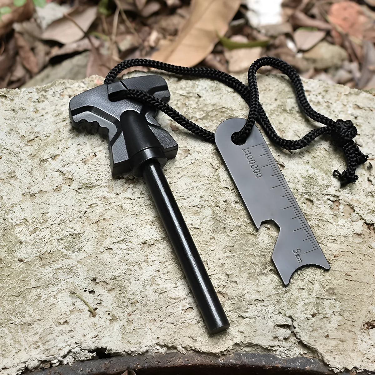 Stainless steel butterfly-shaped point firestone survival tool with bottle opener, shown with large and small size options.