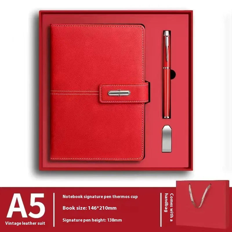 A5 notebook with a PU leather cover, open to show wood-free paper pages.