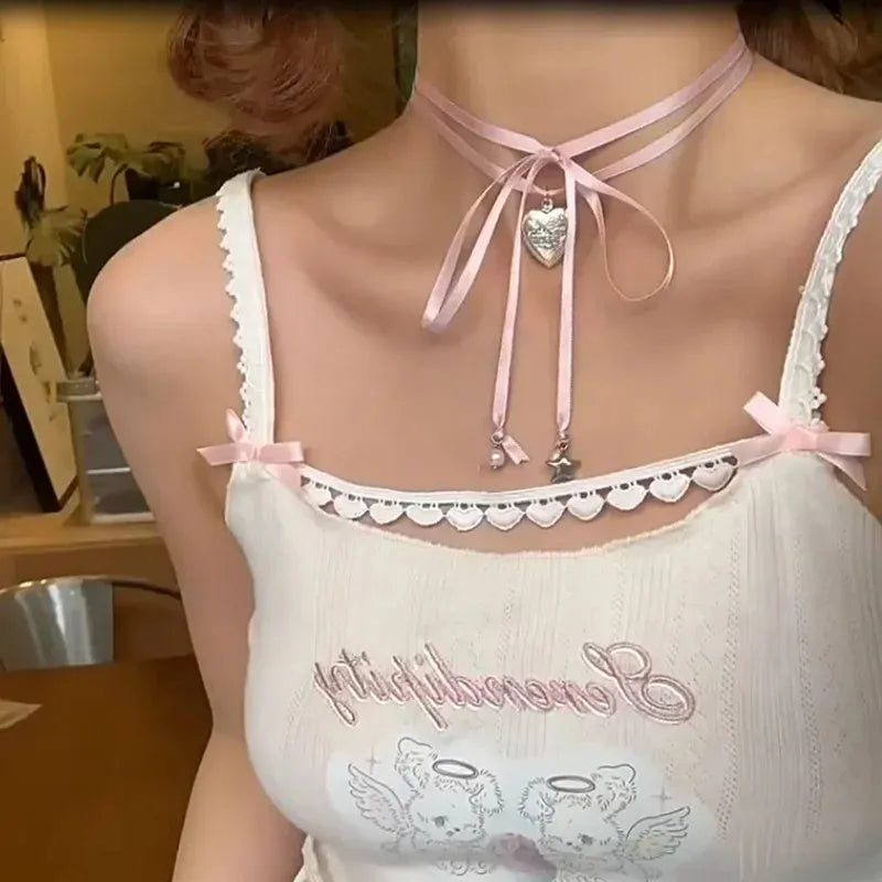 Women's gold-colour ribbon love pendant necklace on slender clavicle chain