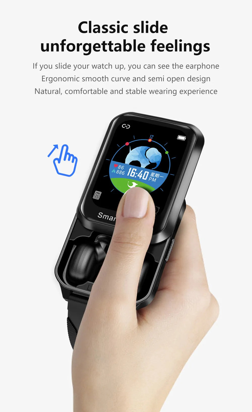 Smart bracelet with split screen display showing Bluetooth calling interface on black silicone wristband