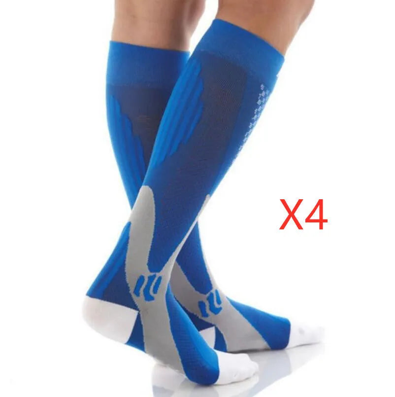 A pair of graduated compression socks for men and women in an athletic style, shown in a colour option like black or blue.