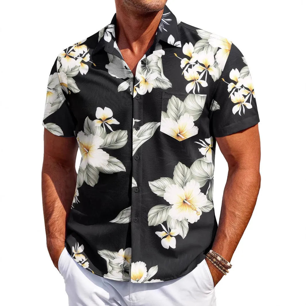 Men's slim fit cardigan-style short sleeve shirt in elastic polyester fabric