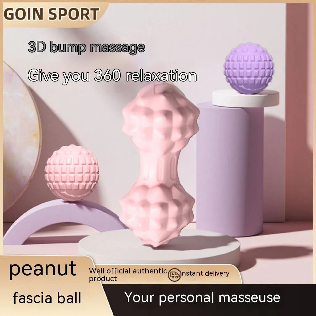 Blue TPR foot massage ball with textured surface shown next to foot for scale