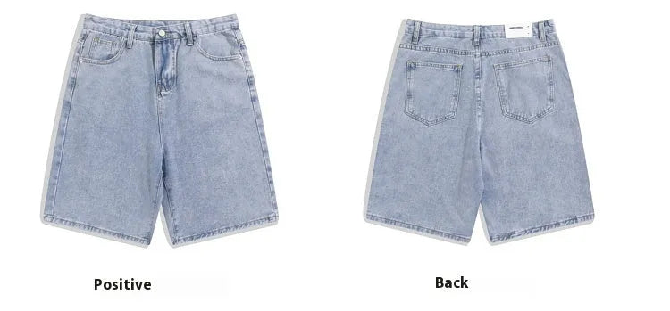 Men's solid colour denim shorts with straight legs and a mid waist, shown in light blue.