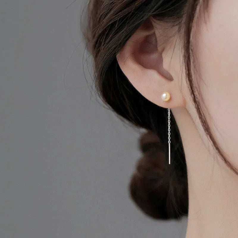 Sterling silver threader earrings with pearl, zircon, or geometric dangle designs and alloy ear wire.