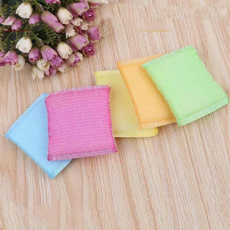 Pinstripe fabric dishwashing sponge mop in macaron colours showing 12x8.5cm dimensions