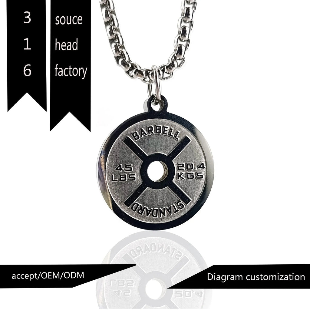 Stainless steel barbell disk pendant necklace with geometric design on 60cm chain