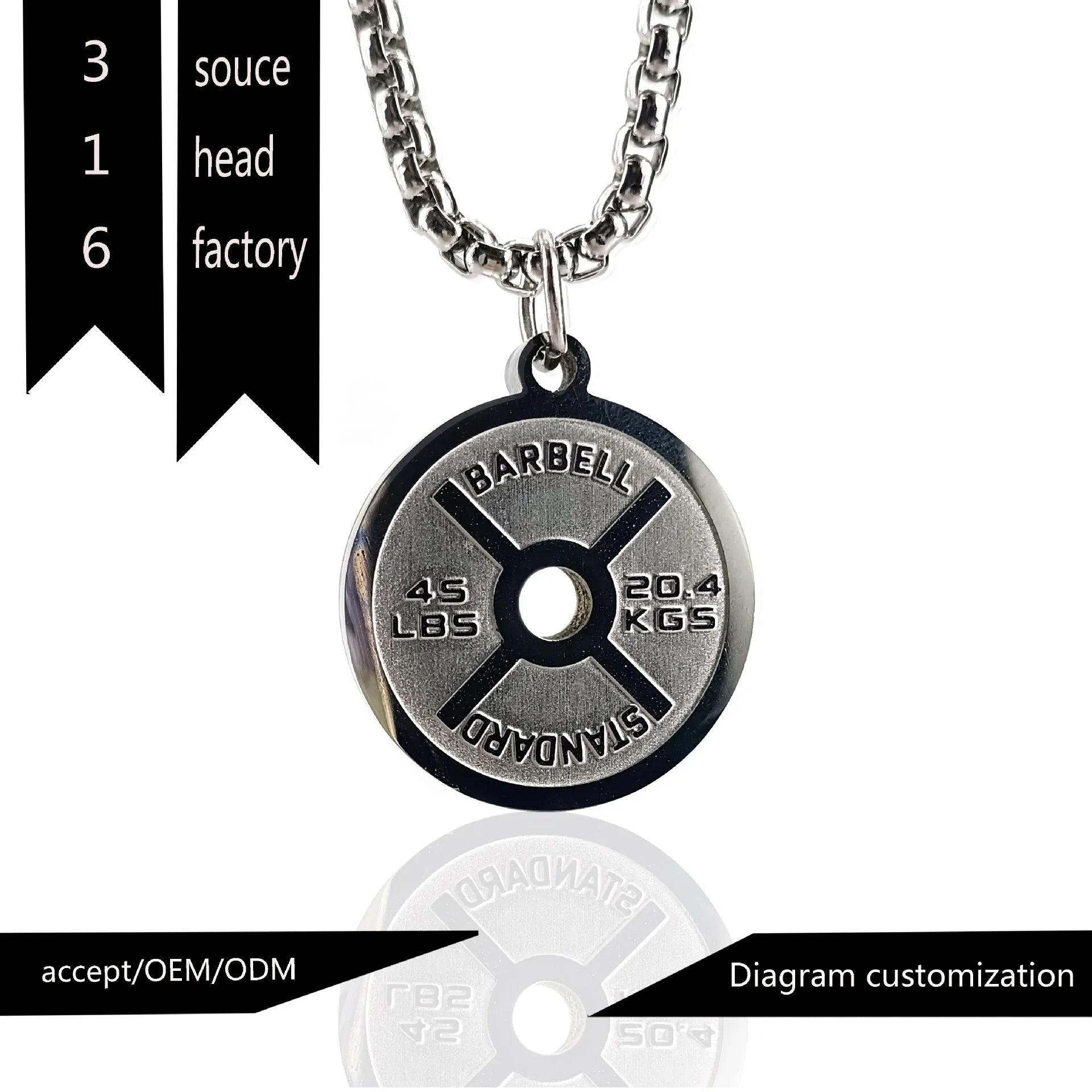 Stainless steel barbell disk pendant necklace with geometric design on 60cm chain