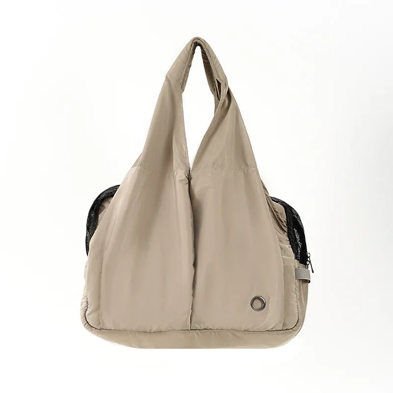 Apricot cloth pet carrier handbag showing 41x16x28cm dimensions and carrying handles