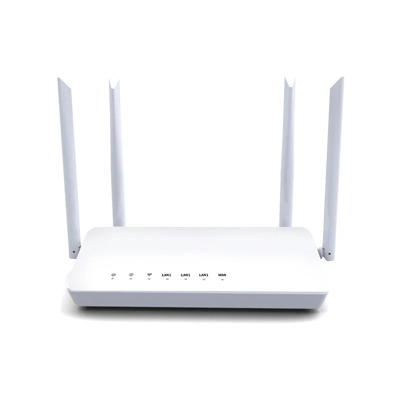Portable bare metal WiFi router showing six ports including WAN, LAN, power and reset interfaces
